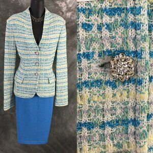 BEAUTIFUL St John collection knit blue green white multi jacket skirt suit 6